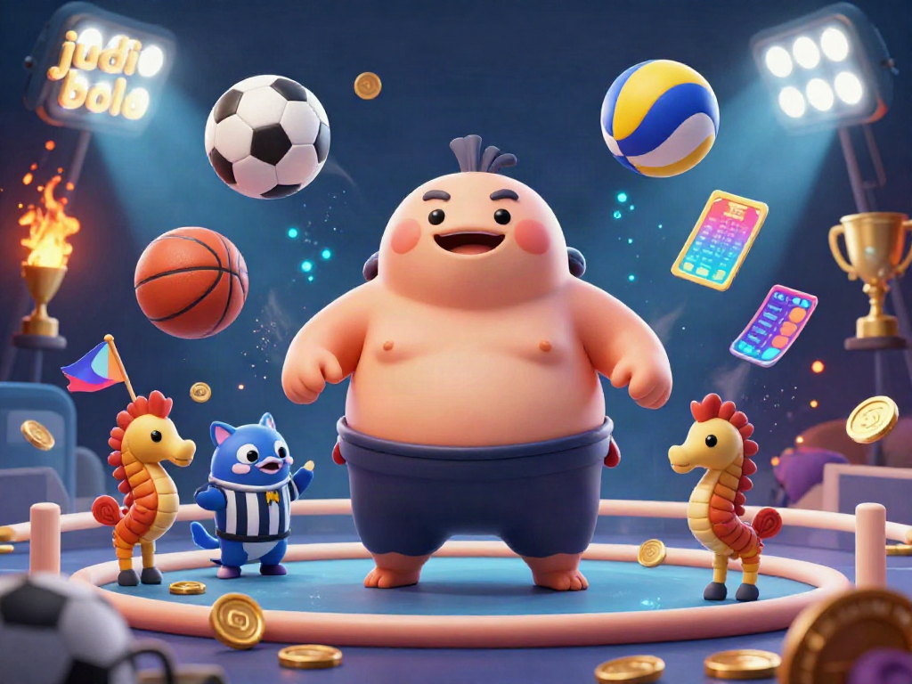 Experience thrilling judi bola action with a cartoon fugu in a sports betting underwater ring.