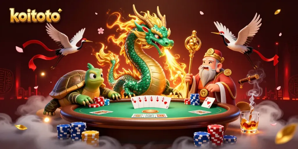 Koitoto presents a dynamic scene with a dragon, turtle sage, and lucky cranes around poker elements.