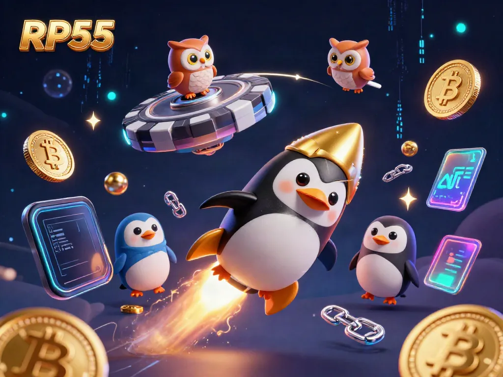 Experience the thrill of RP55 casino with a golden penguin and crypto-themed space adventure!