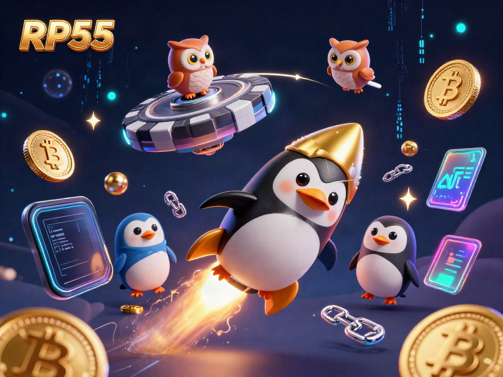Experience the thrill of RP55 casino with a golden penguin and crypto-themed space adventure!