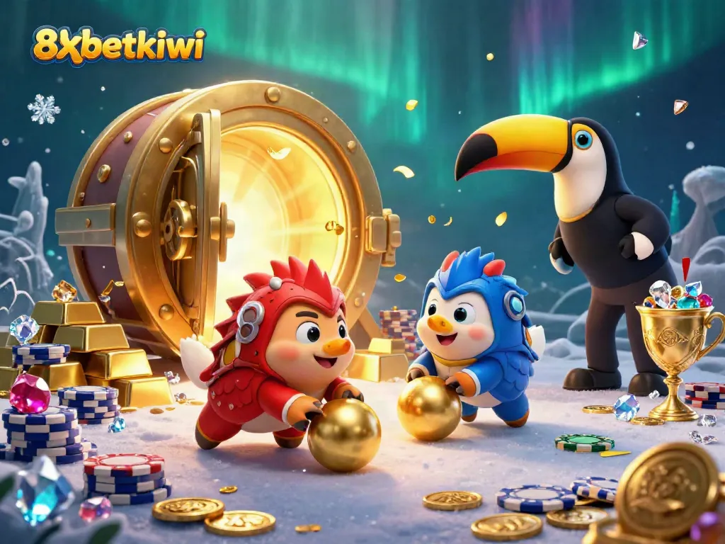 Watch the exciting rivalry of 8xbetkiwi's pangolin characters in a colorful, casino-themed scene filled with gold.