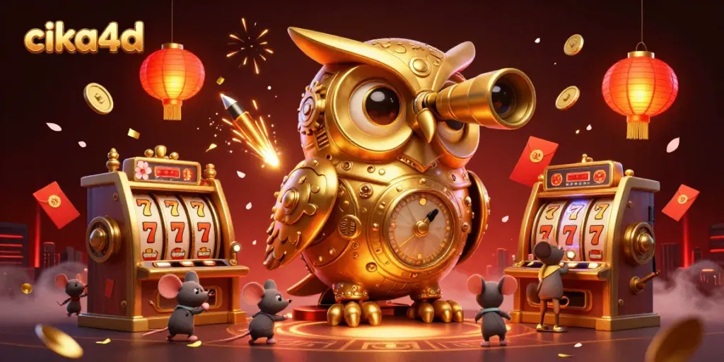 Experience the excitement of cika4d with golden owl and vibrant slot machines in a lively casino scene.