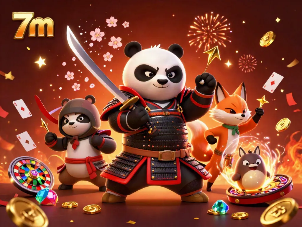 Experience thrilling casino adventures with 7m, featuring samurai panda and ninja fox amidst floating cards and vibrant slots.