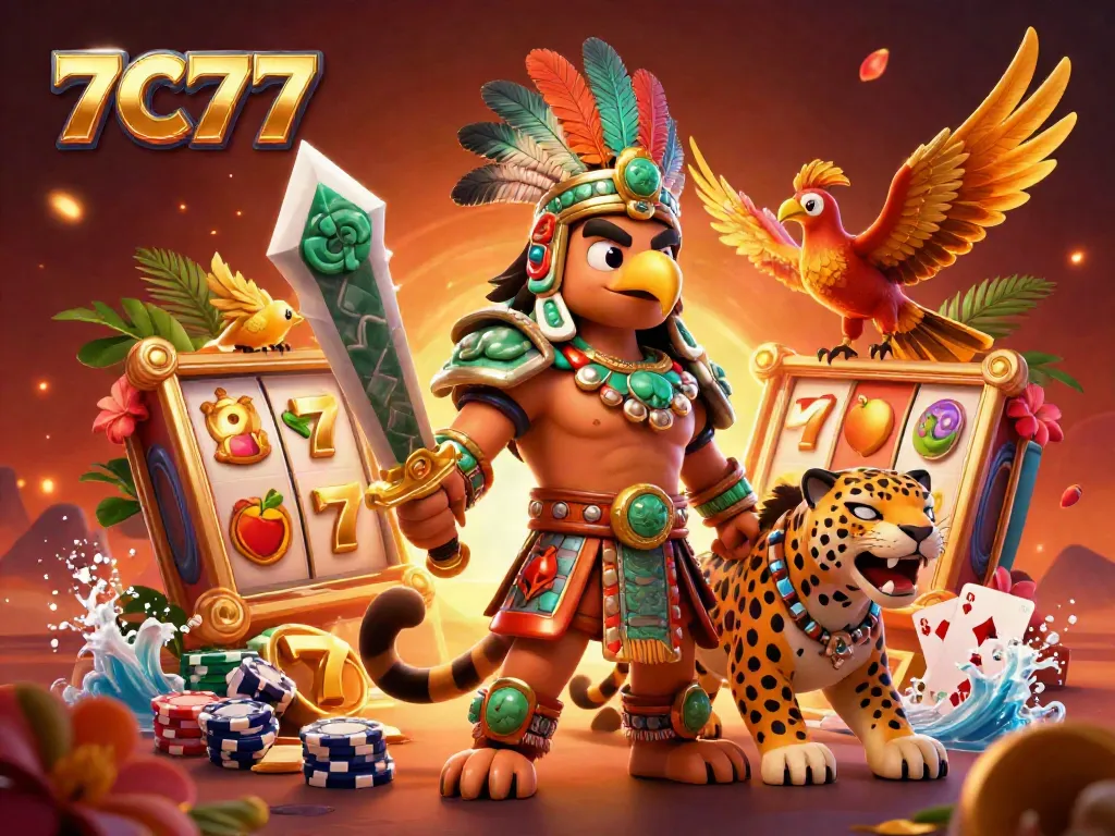 Engage in excitement with 7C77's vibrant online casino scene featuring Aztec warriors.