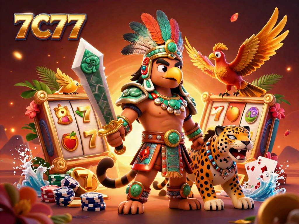 Engage in excitement with 7C77's vibrant online casino scene featuring Aztec warriors.