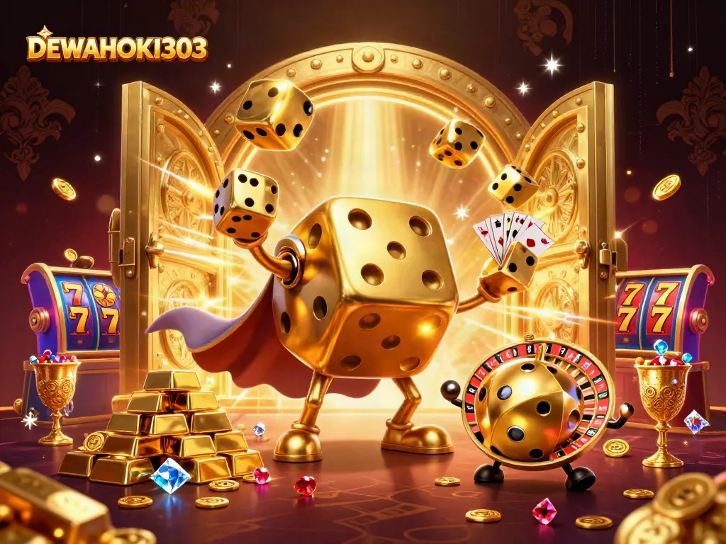 Permainan slot menunggu Anda di DEWAHOKI303, dengan karakter yang ramai dan elemen kemewahan.