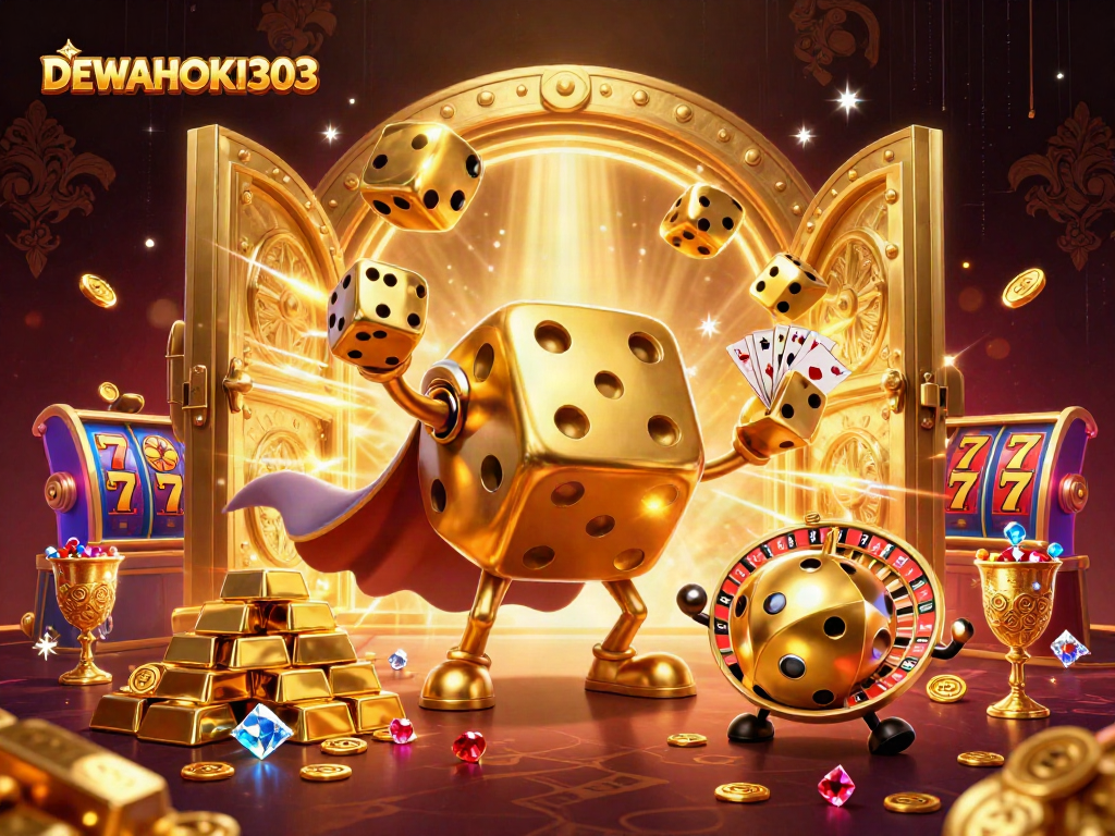 Permainan slot menunggu Anda di DEWAHOKI303, dengan karakter yang ramai dan elemen kemewahan.