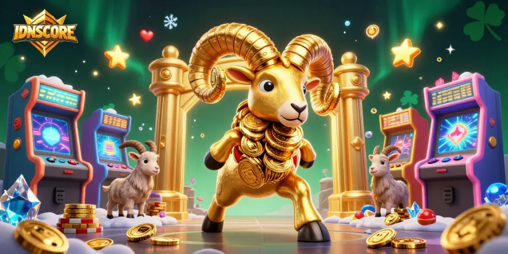 Experience the thrilling games at IDNSCORE, where golden ram and goat characters create a lively casino atmosphere.