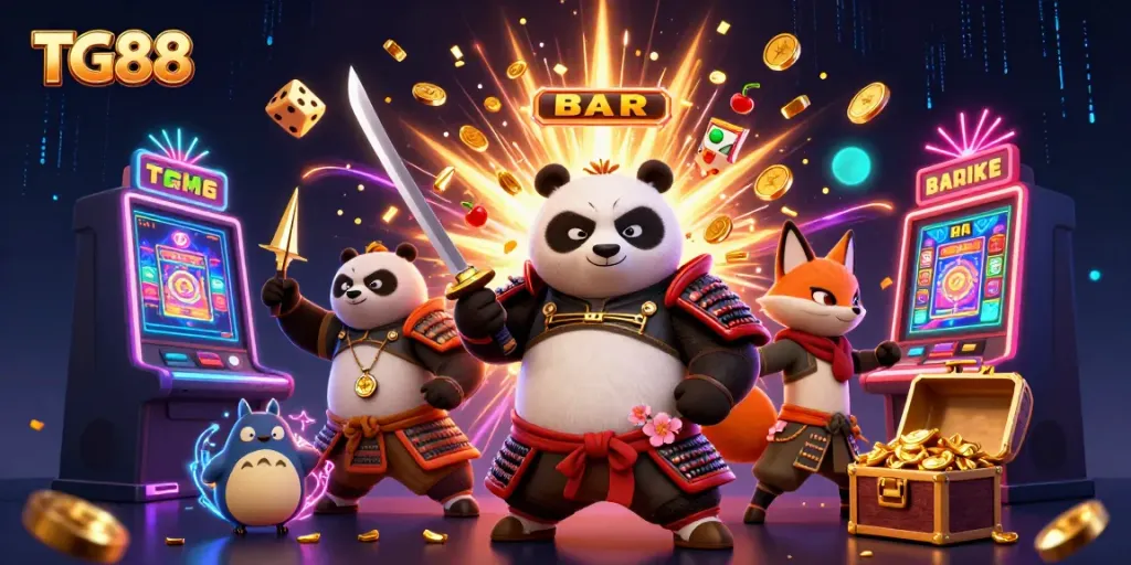 Experience thrilling slots at TG88 with a dynamic 3D cartoon illustration featuring vibrant characters and gaming elements.