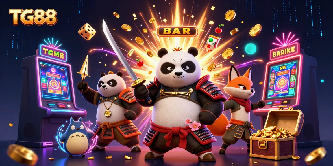 Experience thrilling slots at TG88 with a dynamic 3D cartoon illustration featuring vibrant characters and gaming elements.
