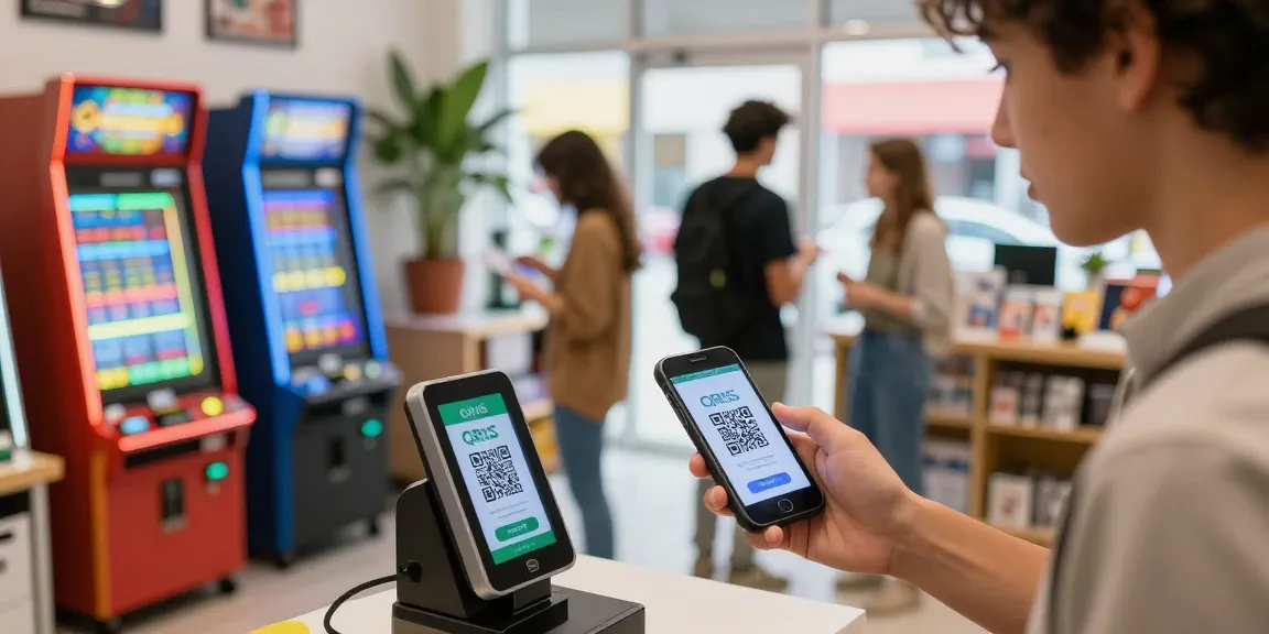 Customer using slot QRIS mobile payment technology in a vibrant retail setting.