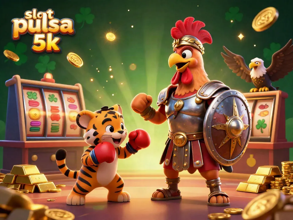 Experience thrilling slots with slot pulsa 5k in a dynamic casino scene filled with gold and excitement.