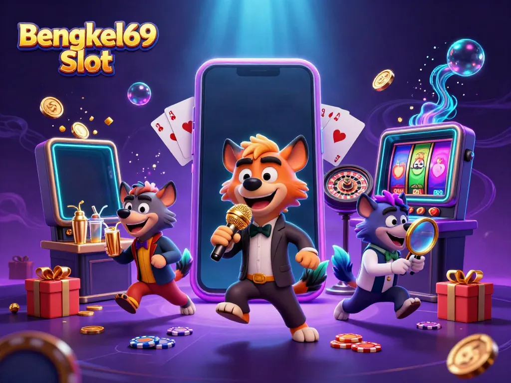 Experience excitement with Bengkel69 Slot, featuring a casino scene of hyenas engaging in fun activities amidst vibrant game visuals.