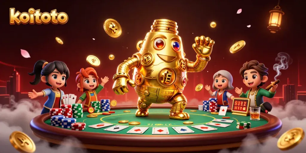 Engage with koitoto, showcasing a golden golem amidst poker elements and vibrant casino atmosphere.