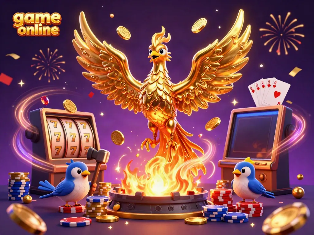 Engage in thrilling game online action with a golden phoenix and slot reels in vibrant 3D illustration.