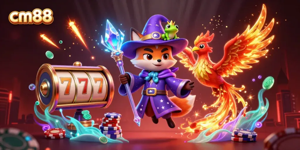 Engage in thrilling gameplay with cm88 featuring a magical wizard fox, fiery phoenix, and vibrant casino elements.