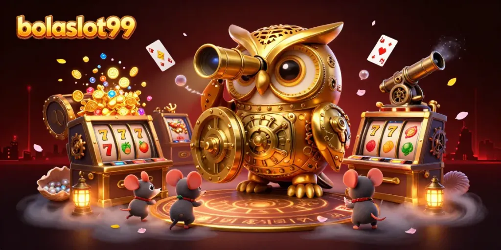 Engage with bolaslot99 at a vibrant casino, featuring colorful slot machines and dynamic characters.