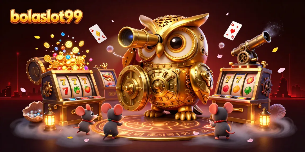 Engage with bolaslot99 at a vibrant casino, featuring colorful slot machines and dynamic characters.