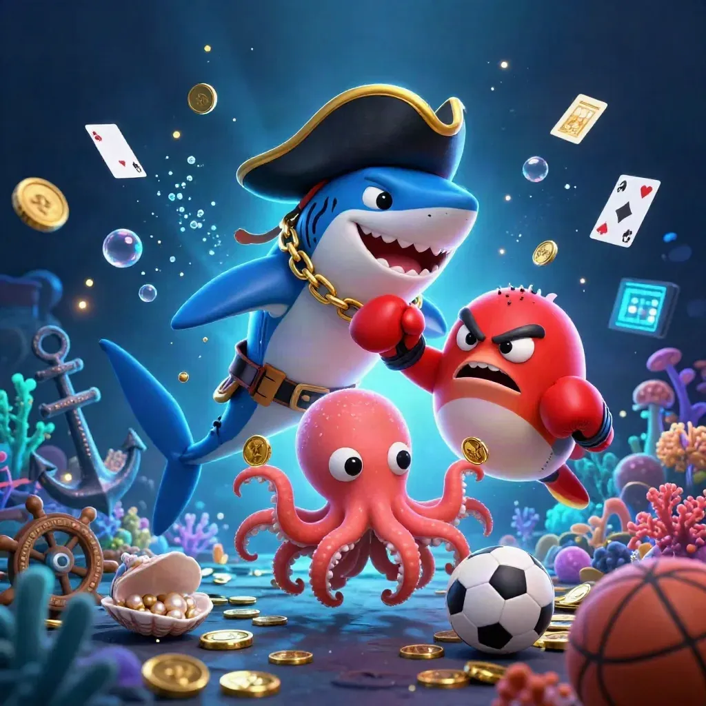 Pirate shark, boxing pufferfish, and coin-juggling octopus in a glowing treasure cove