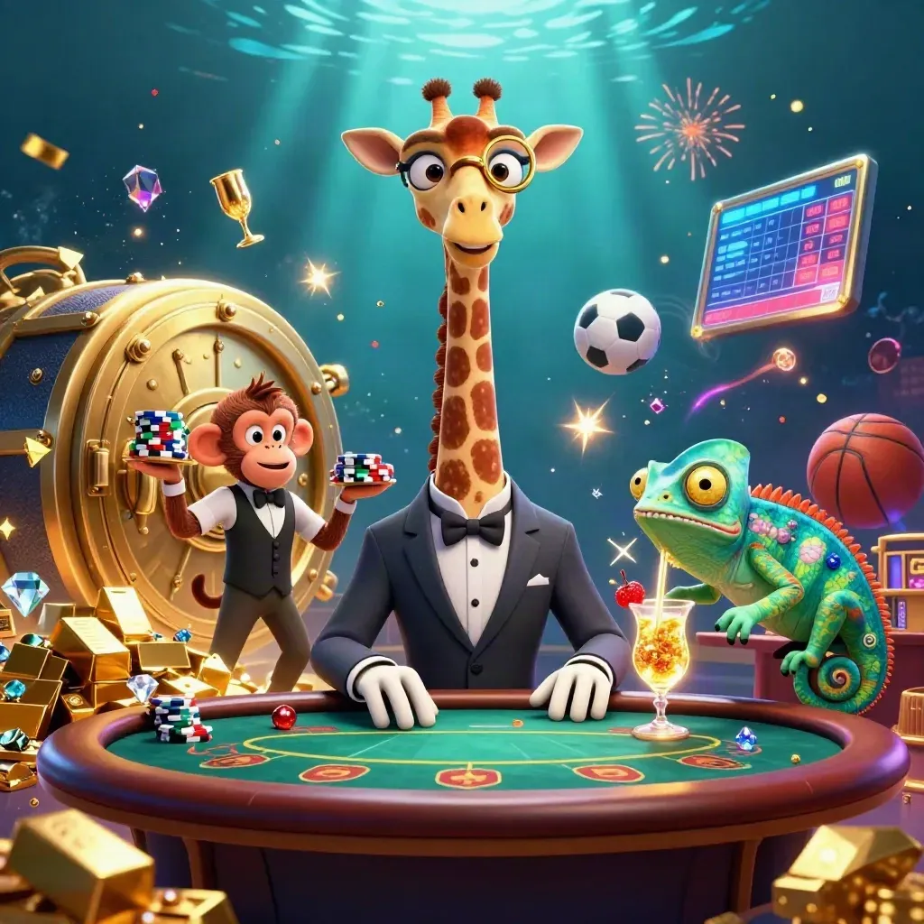 Luxury casino fantasy with giraffe, monkey valet, and chameleon bartender amid gold and glowing gems