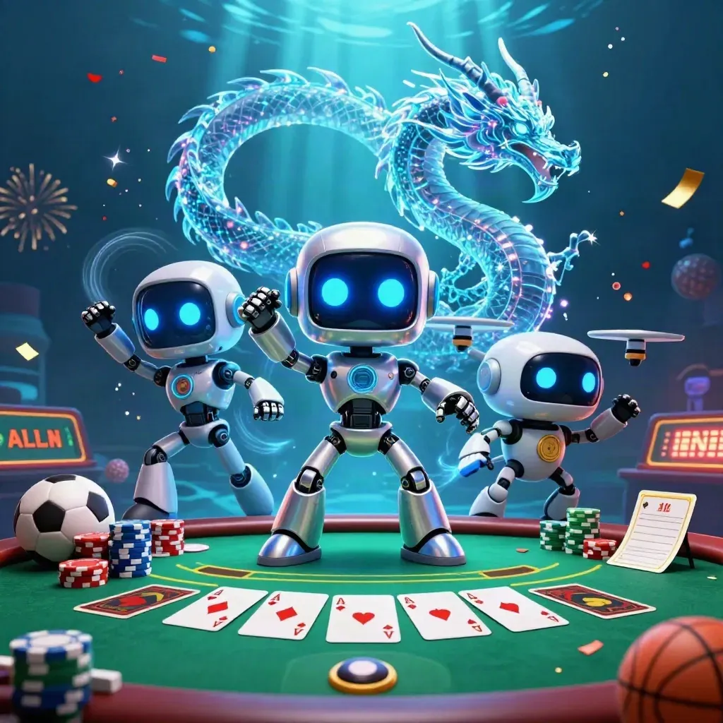 Cyberpunk robot, holographic dragon, and coin drone above a glowing casino table