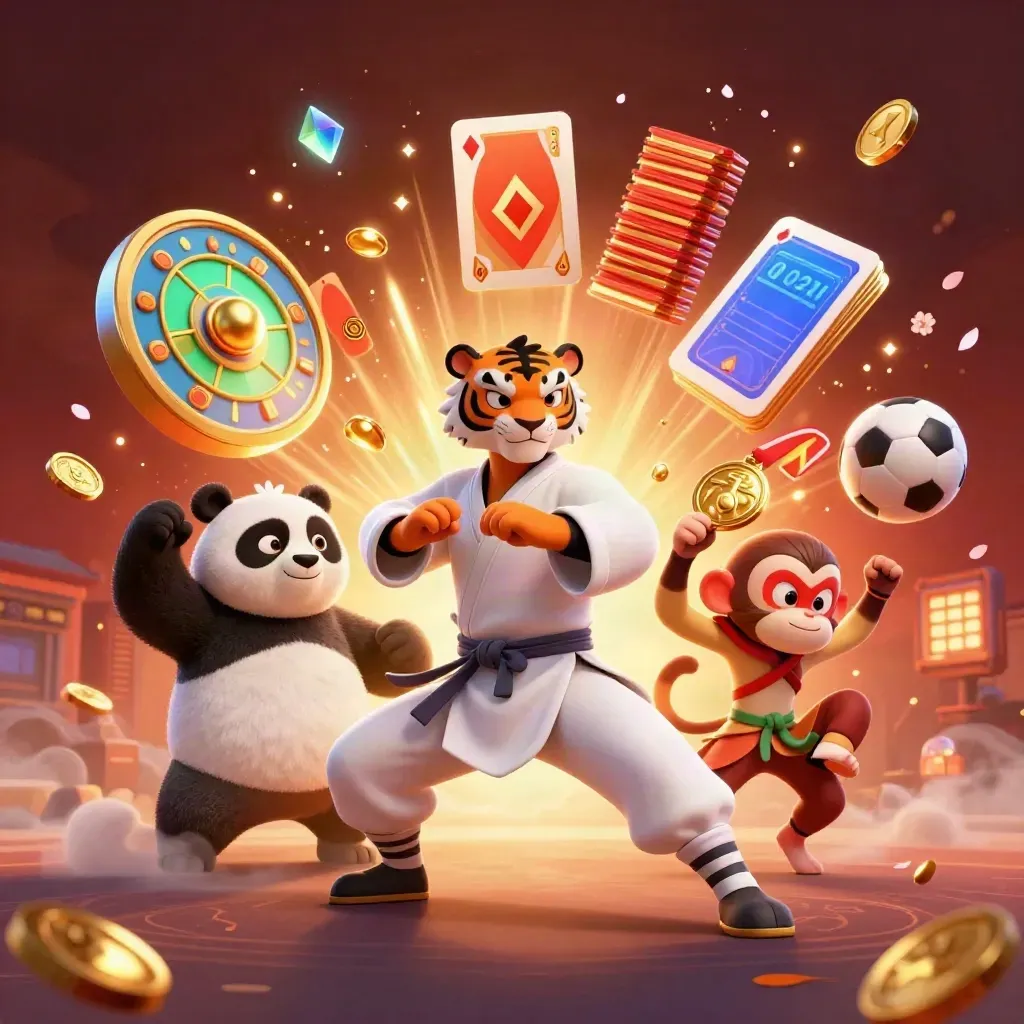 Kung-fu tiger, panda, and monkey amid casino chips, coins, and glowing effects.