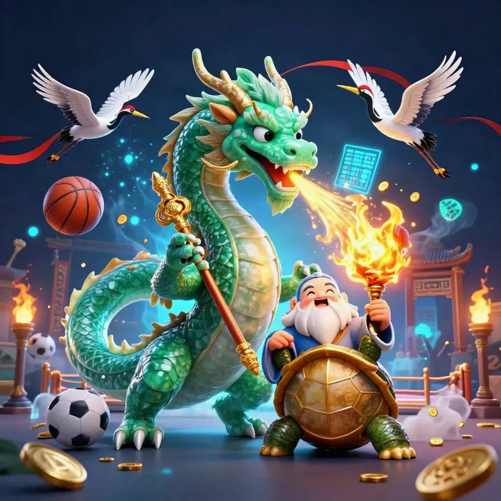 Dragon, turtle sage, and cranes erupt in a neon sports-casino scene with balls, coins, and fire