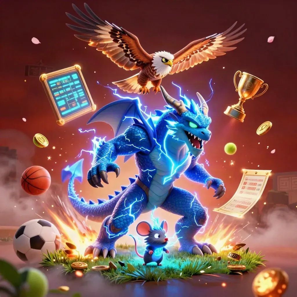 Thunder dragon, wind hawk, and static mouse amid flying sports balls and glowing effects