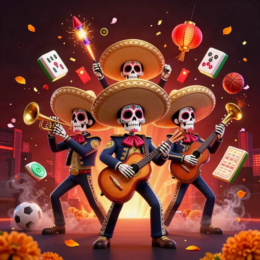 Skeleton mariachi trio amid casino icons, lanterns, fire, confetti, and neon city lights