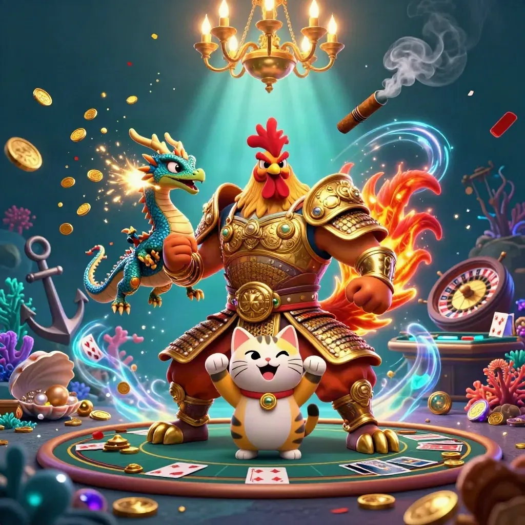Rooster samurai, dragon hatchling, and fortune cat in a glowing underwater casino treasure cove.