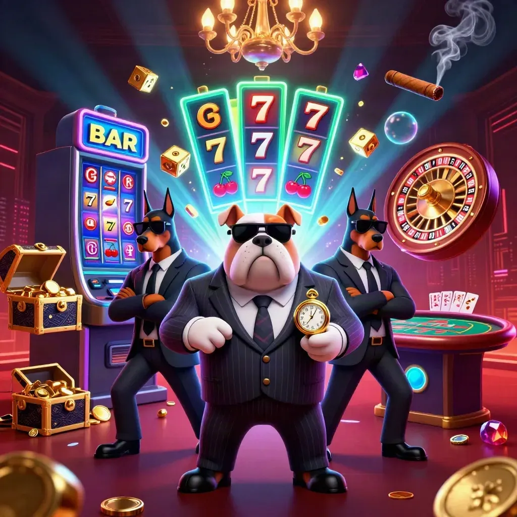 Bulldog mafia boss with two Dobermans amid glowing slot machine chaos and casino luxury
