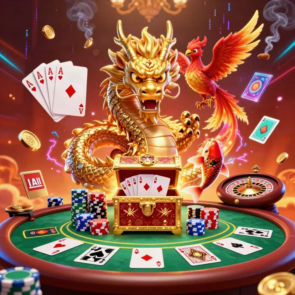 Golden dragon, phoenix, koi, casino table, chips, cards, glowing neon lights in a luxe scene.