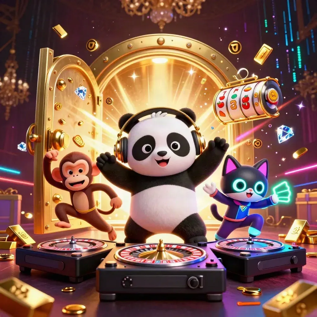 Panda DJ, monkey, and rave kitten burst from a vault of gold, gems, neon energy, and casino reels.