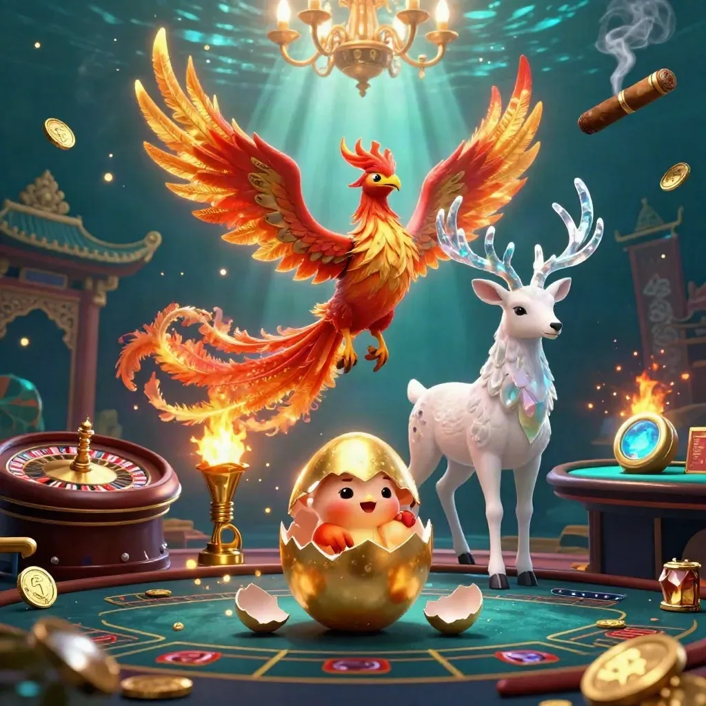 Fire phoenix, hatchling and crystal-antler stag in a luxe neon casino fantasy scene.