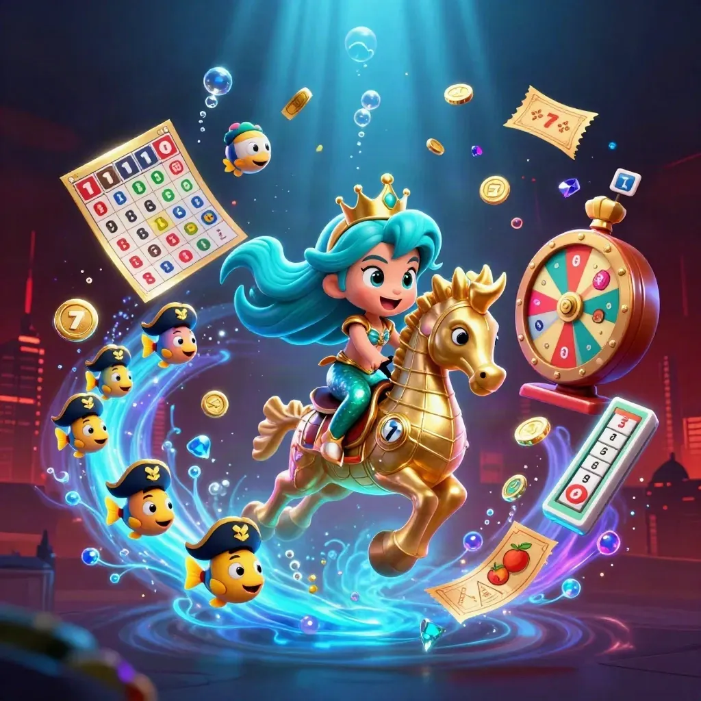 Mermaid princess rides an armored seahorse as casino icons burst in electric blue glow.