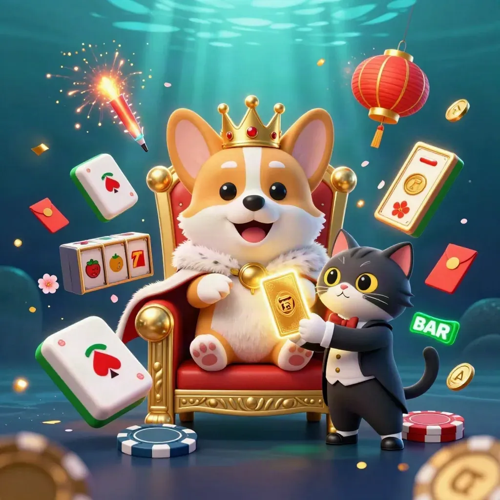Royal corgi and cat butler amid casino lucky charms, chips, lanterns, coins, and glowing effects.