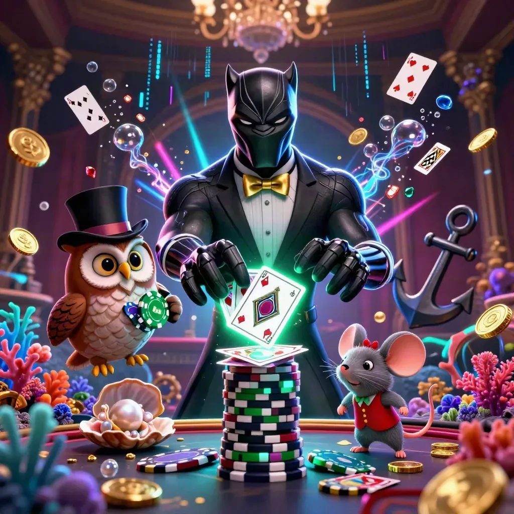 Black panther, owl and mouse in tuxedo at a neon treasure casino cove, coins and gems bursting.