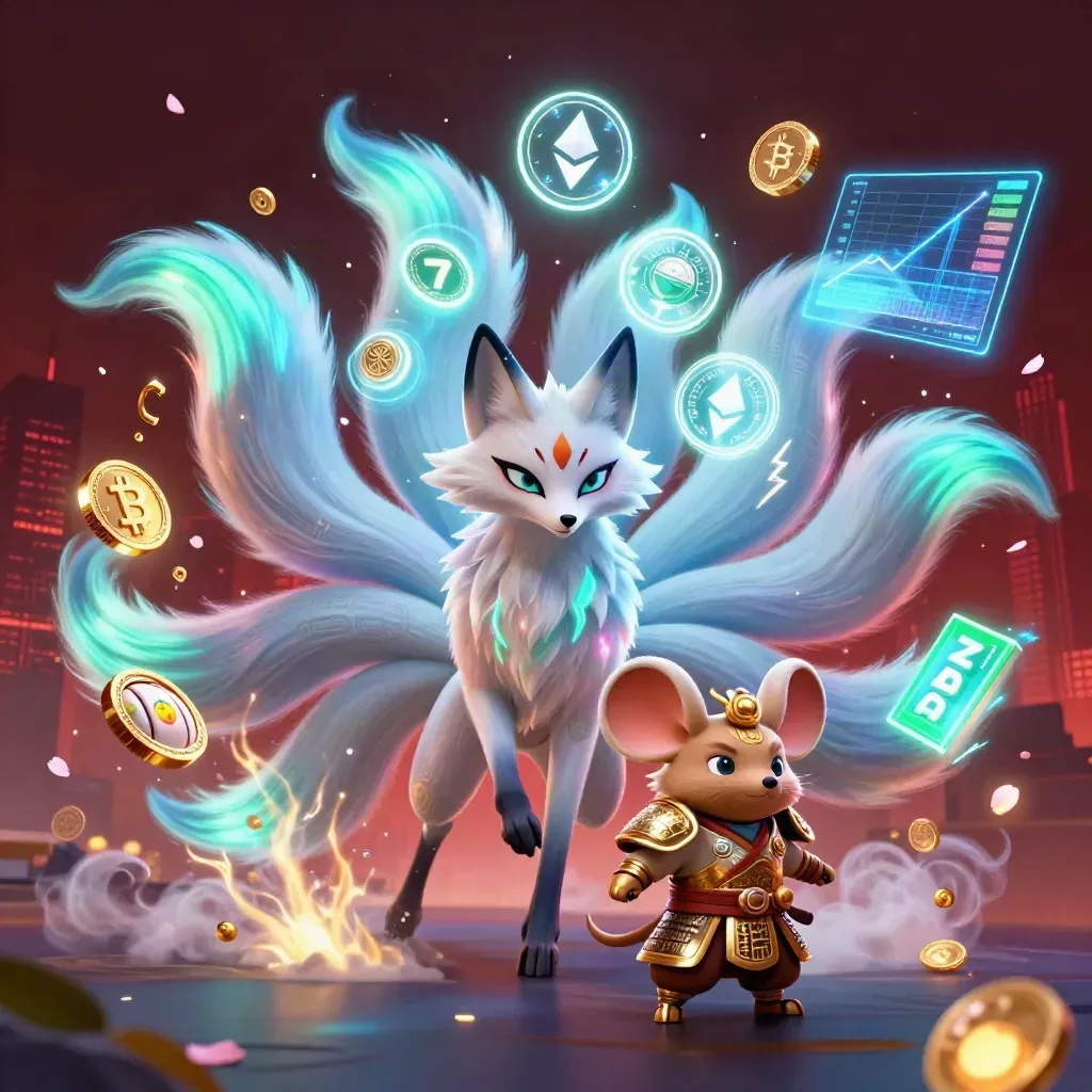 Neon fox spirit and armored mouse amid coins, lightning, petals, and casino magic.