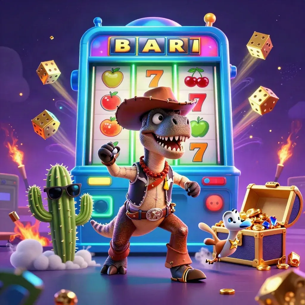 Cowboy T-Rex, cactus and roadrunner amid exploding slot machine, gold, gems, neon casino energy.