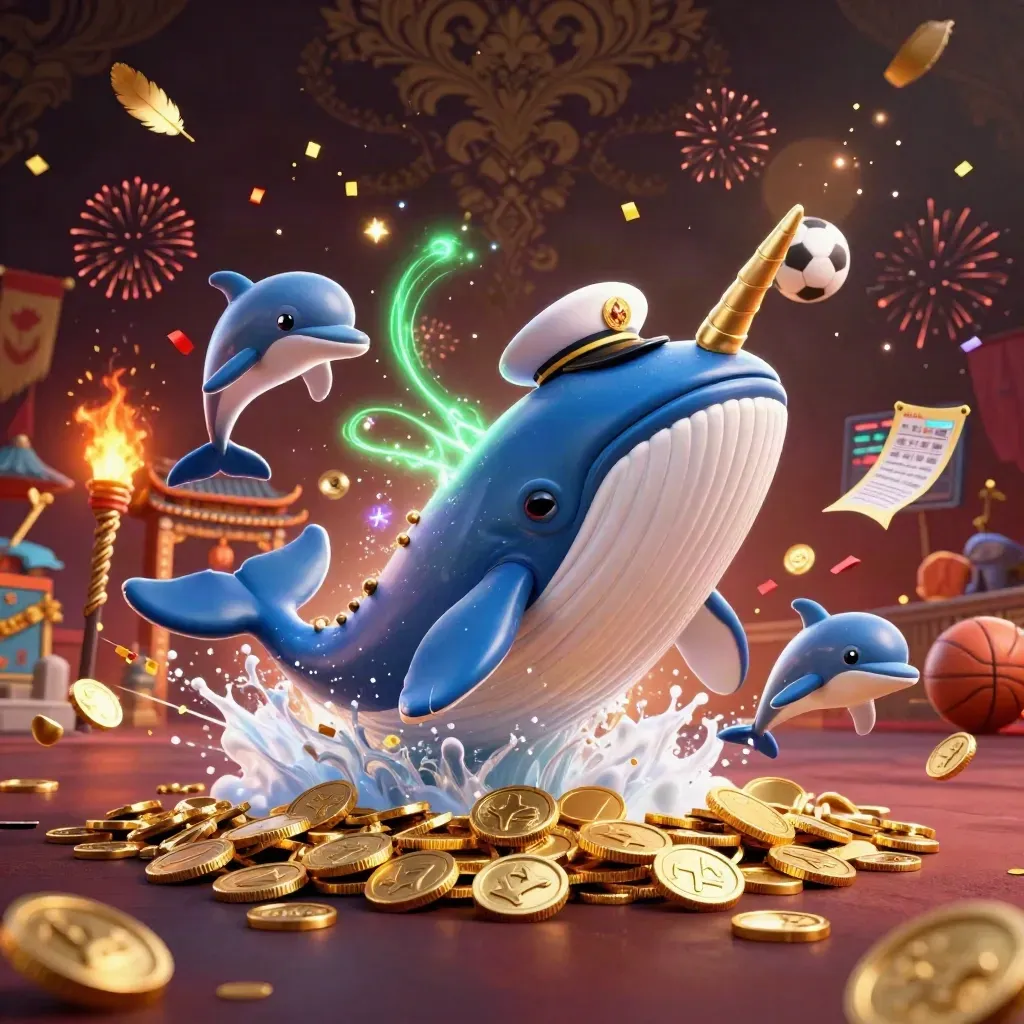 Whale captain, narwhal, and dolphins burst through coins in a luxury casino celebration.
