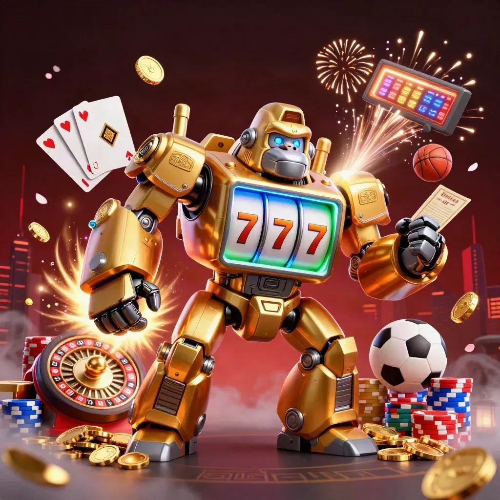 Golden gorilla mech and monkey pilot burst through coins, chips, cards, and neon casino light.