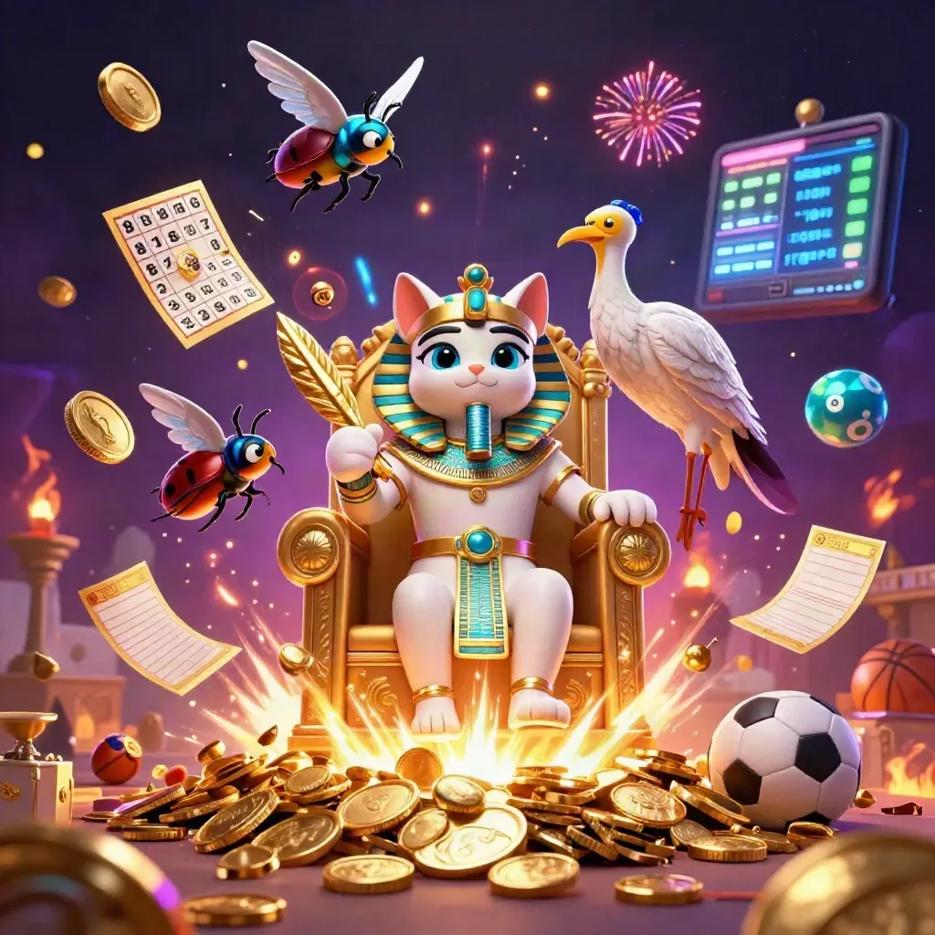 Pharaoh cat and ibis scribe amid gem-winged scarabs, gold coins, casino props, and neon cosmic light.