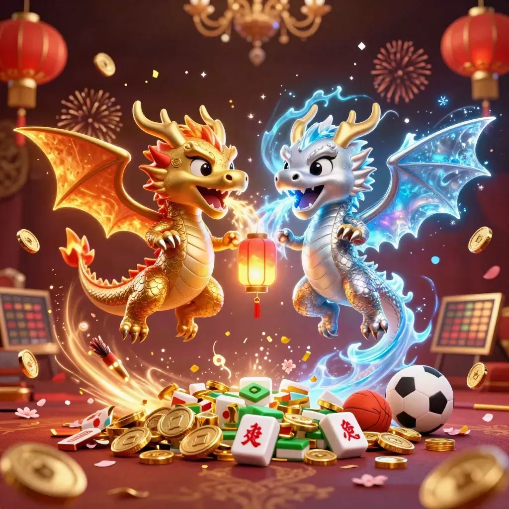 Gold and silver dragons clash in a burst of treasure, fireworks, coins, and casino symbols.