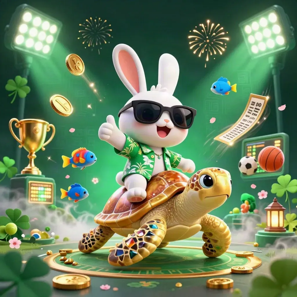 Lucky rabbit rides a gem-shell turtle through coins, fireworks, and a vault burst in neon casino light.