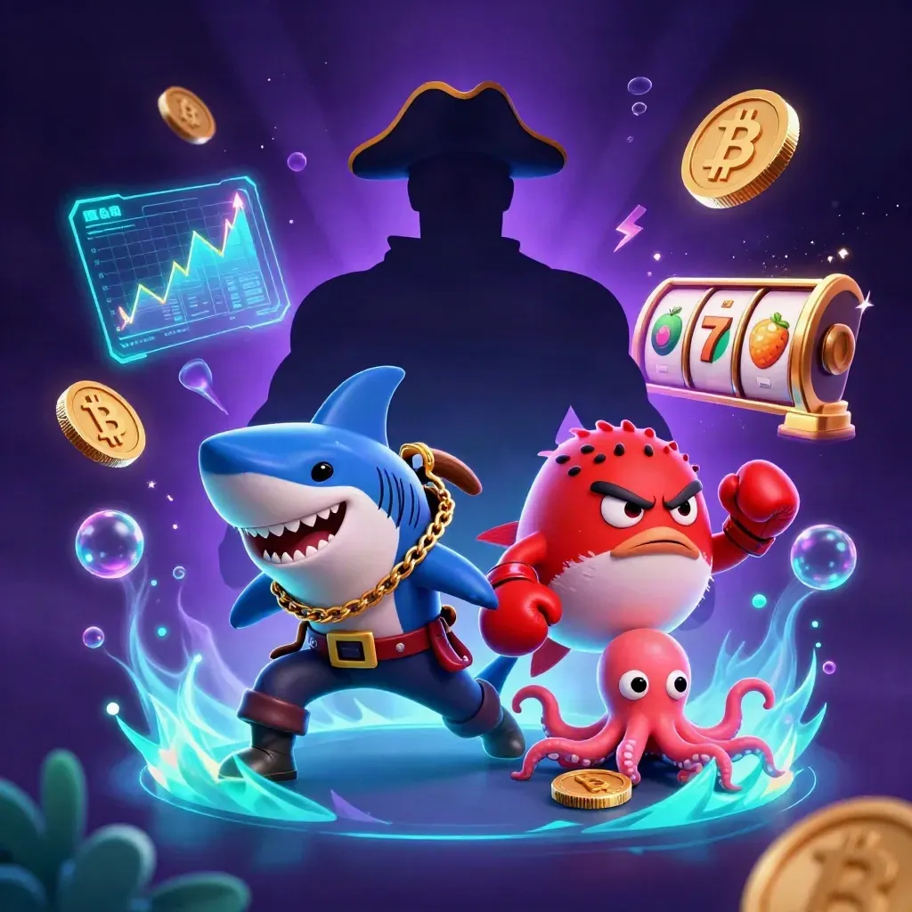 Cartoon pirate shark, pufferfish, and octopus amid neon coins, bubbles, and casino effects.
