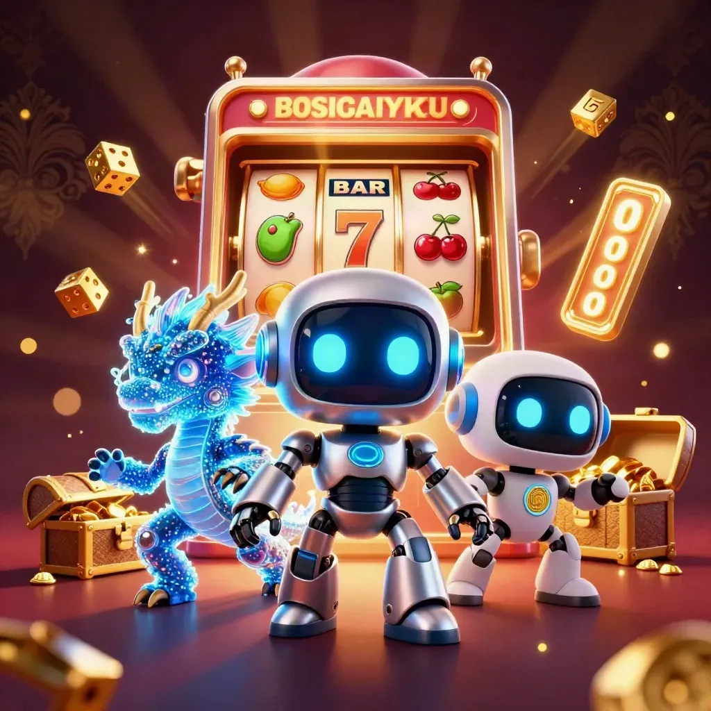 Cyberpunk robot, holographic dragon, drone, slot machine, gold, and casino effects