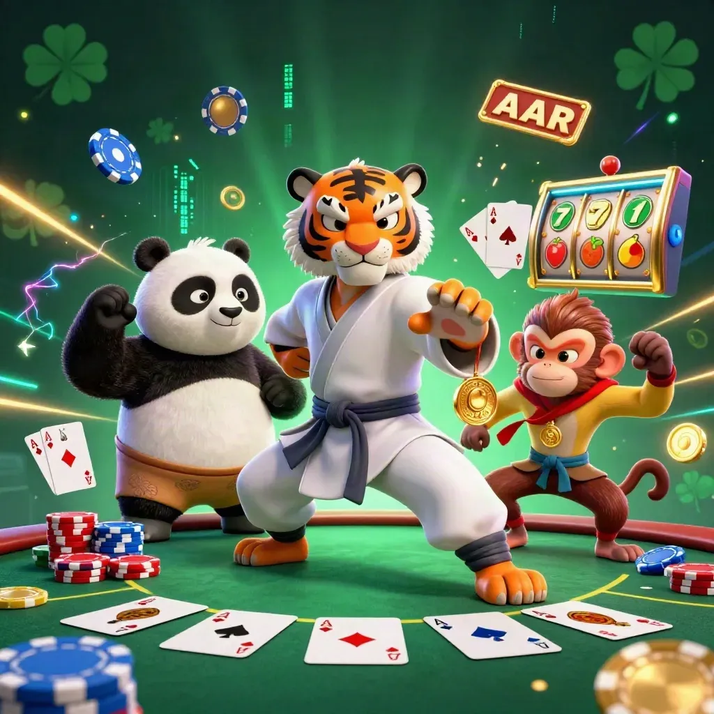 Tiger master, panda disciple, and monkey student amid poker chips, cards, reels, and neon energy.