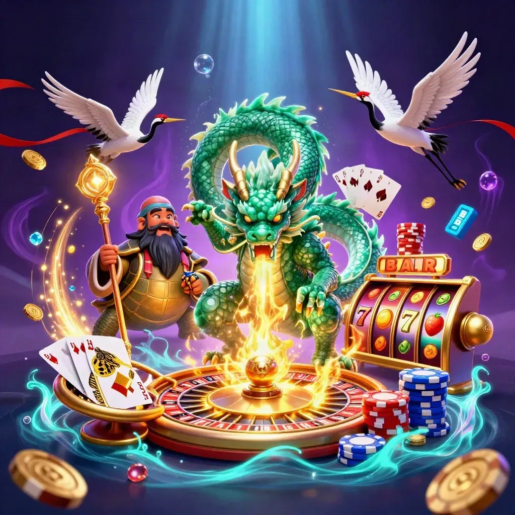 Emerald dragon, turtle sage, and cranes amid casino magic, glowing chips, coins, and neon energy.