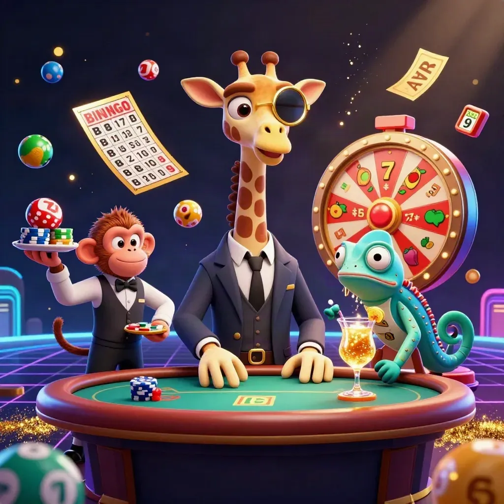 Giraffe high roller, monkey valet, and chameleon bartender amid casino games and glowing loot