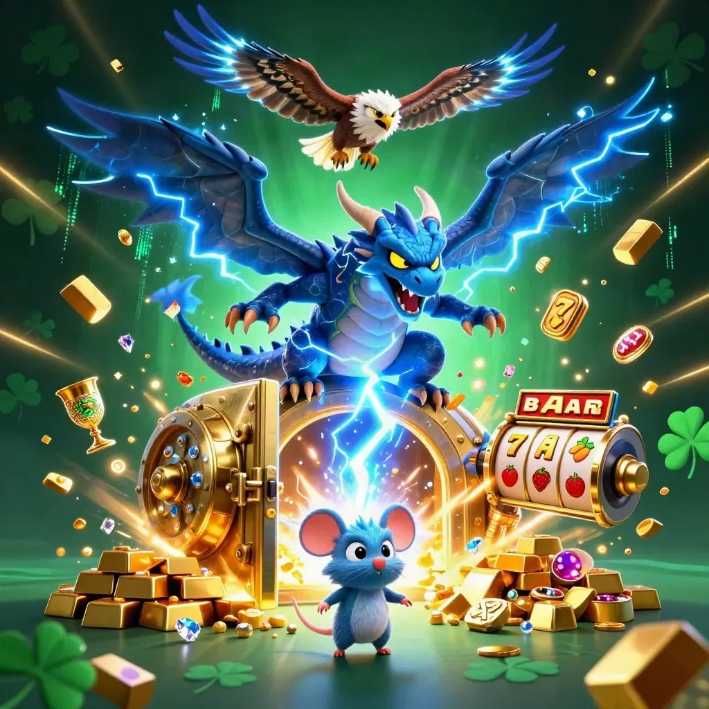 Thunder dragon, glowing hawk and static mouse burst from a treasure vault with casino symbols.